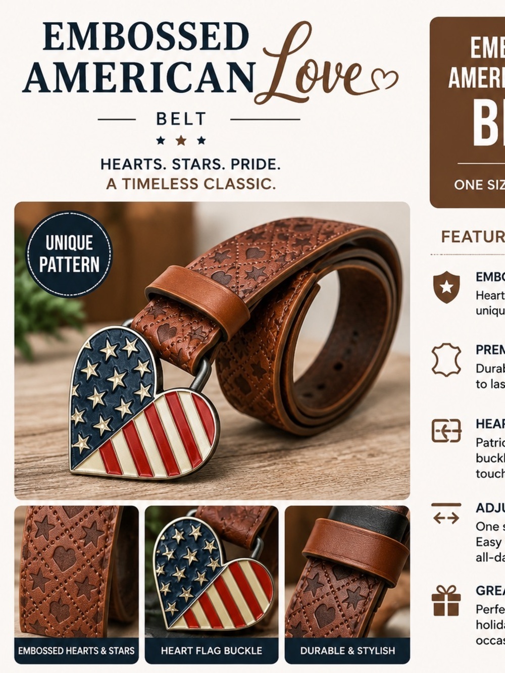 Embossed American Love Belt - Brown with Flag Heart Buckle SIE 3